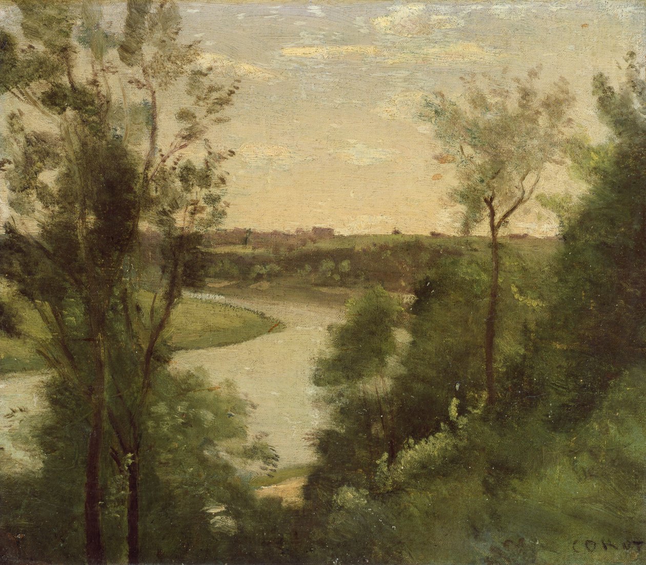 Rzeka widziana z góry między drzewami autorstwa Jean Baptiste Camille Corot