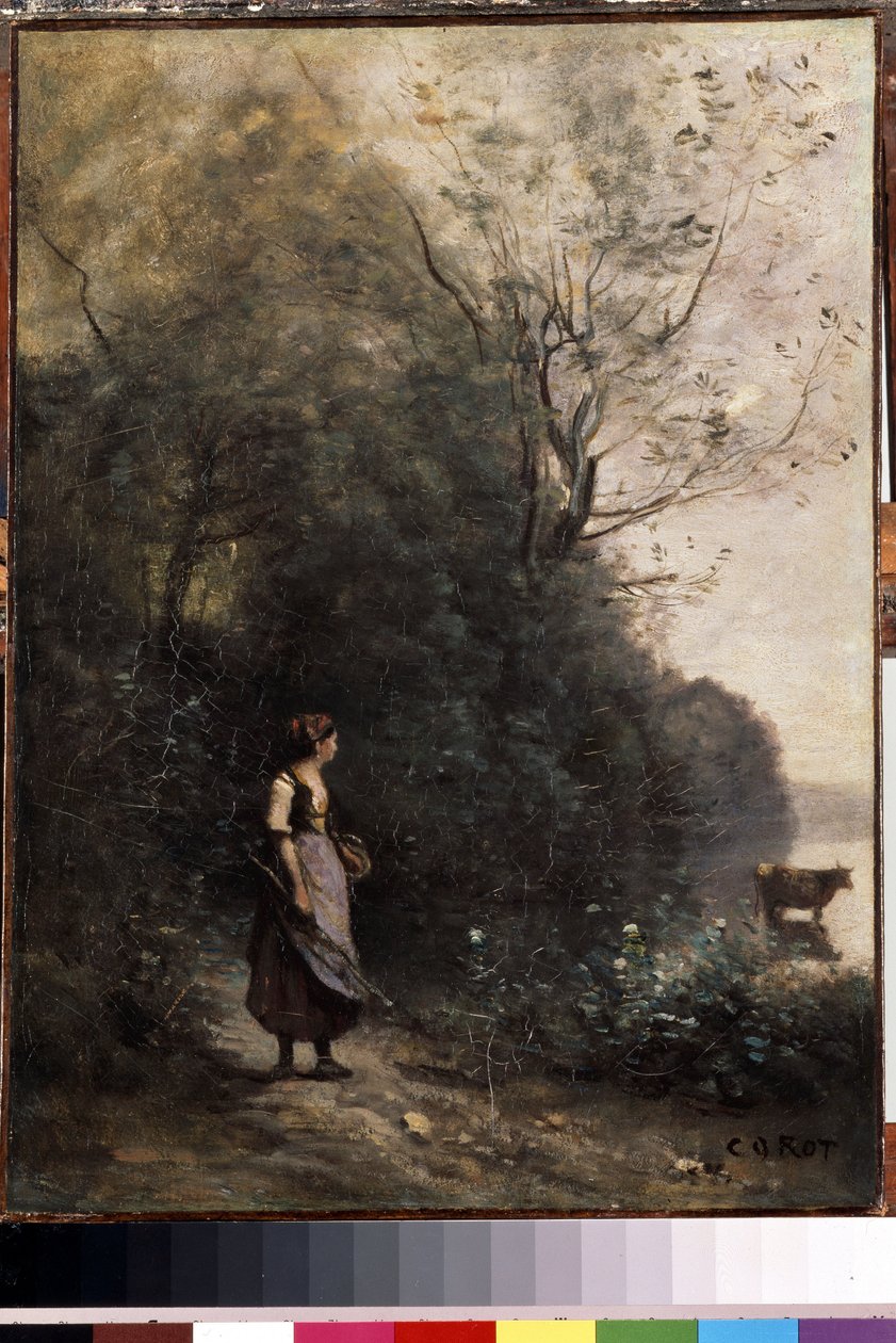 „Pasterka i jej stado krów na skraju lasu” (Pasterka z krową na skraju lasu) Obraz Camille Corot (1796-1875) 1865-1870 Wymiary 47,5x35 cm Muzeum pustelni , Sankt Petersburg autorstwa Jean Baptiste Camille Corot