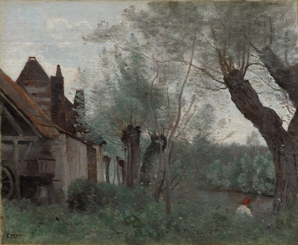 Wierzby i dom wiejski w Sainte-Catherine-lès-Arras autorstwa Jean Baptiste Camille Corot