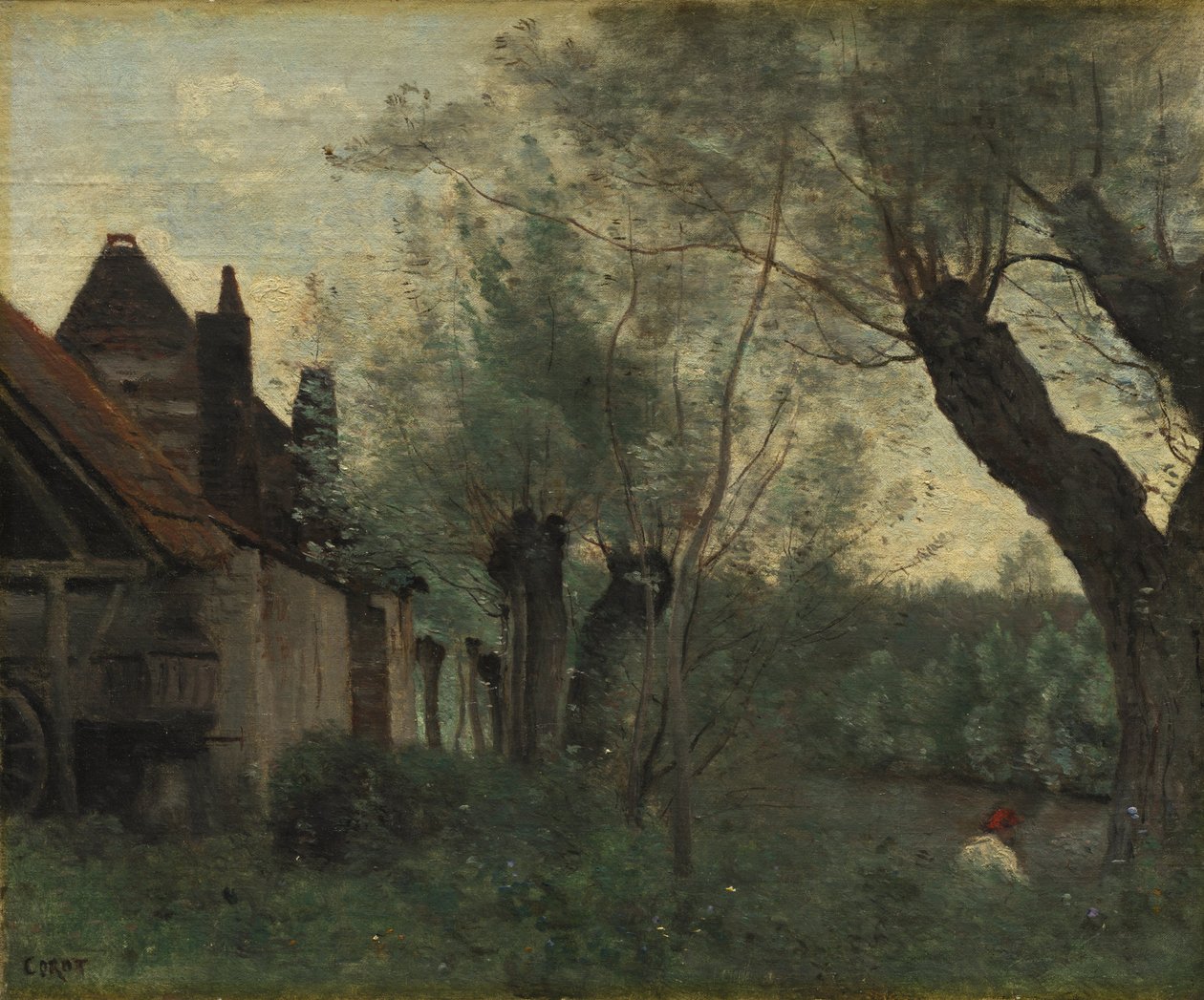 Willows and Farmhouse w Sainte-Catherine-lès-Arras autorstwa Jean Baptiste Camille Corot