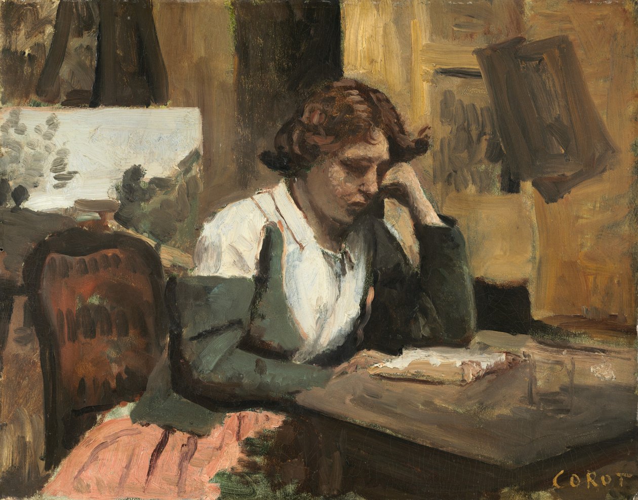 Kobieta czytająca w studiu, c. 1868. autorstwa Jean Baptiste Camille Corot