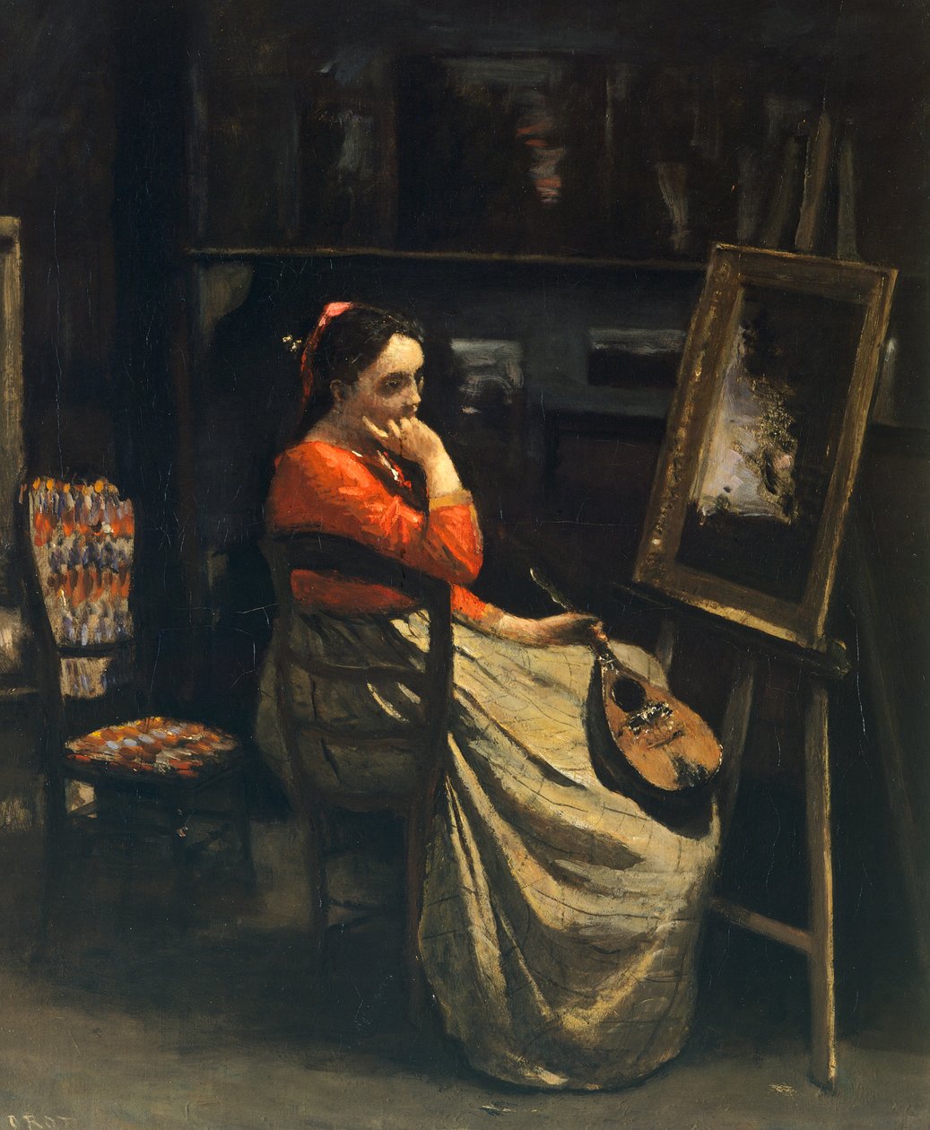 Młoda kobieta z mandoliną (Atelier la mandoline) autorstwa Jean-Baptiste Camille Corot (1796-1875) autorstwa Jean Baptiste Camille Corot