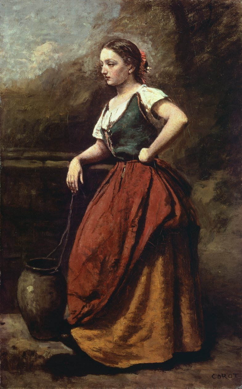 Młoda kobieta przy studni, Jean-Baptiste-Camille Corot (1796-1875), 65x40 cm. autorstwa Jean Baptiste Camille Corot