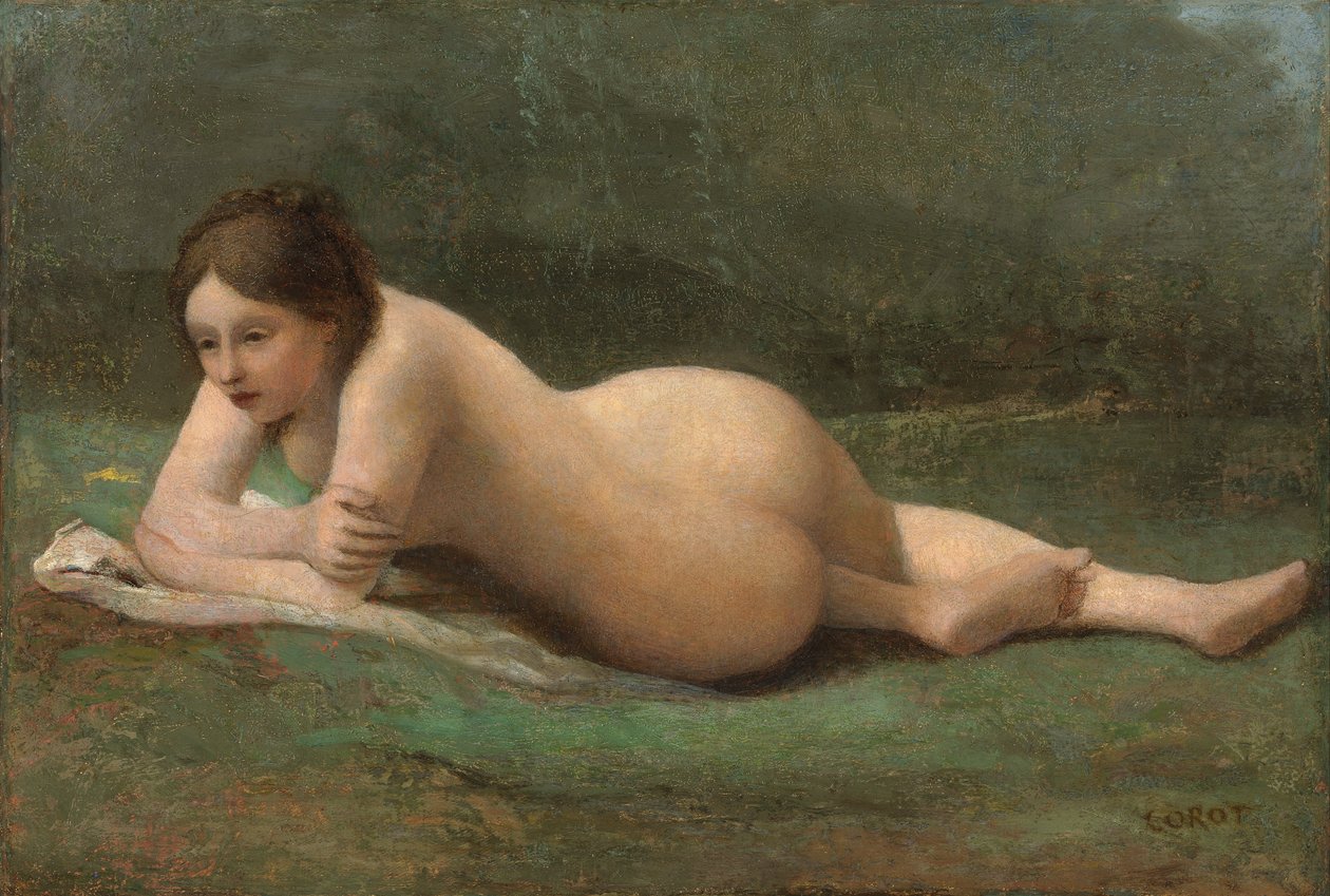 Młoda kobieta leżąca na trawie, ok. 1850-60 autorstwa Jean Baptiste Camille Corot
