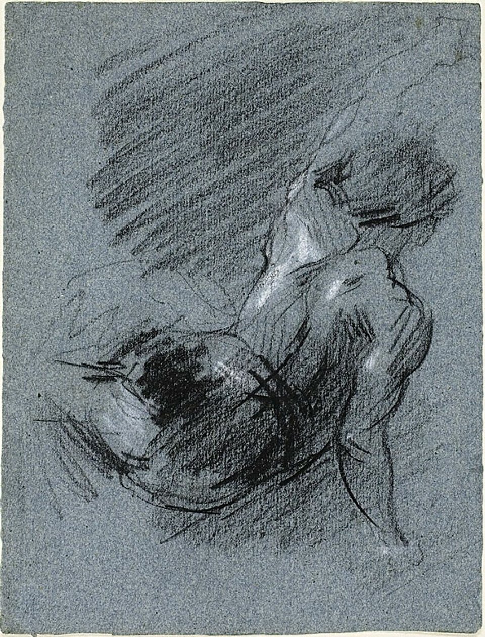 Widok z tyłu siedzącej postaci, unoszącej lewe ramię autorstwa Jean Baptiste Carpeaux