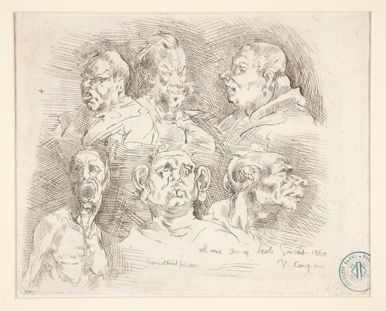 Szkice groteskowych głów autorstwa Jean Baptiste Carpeaux