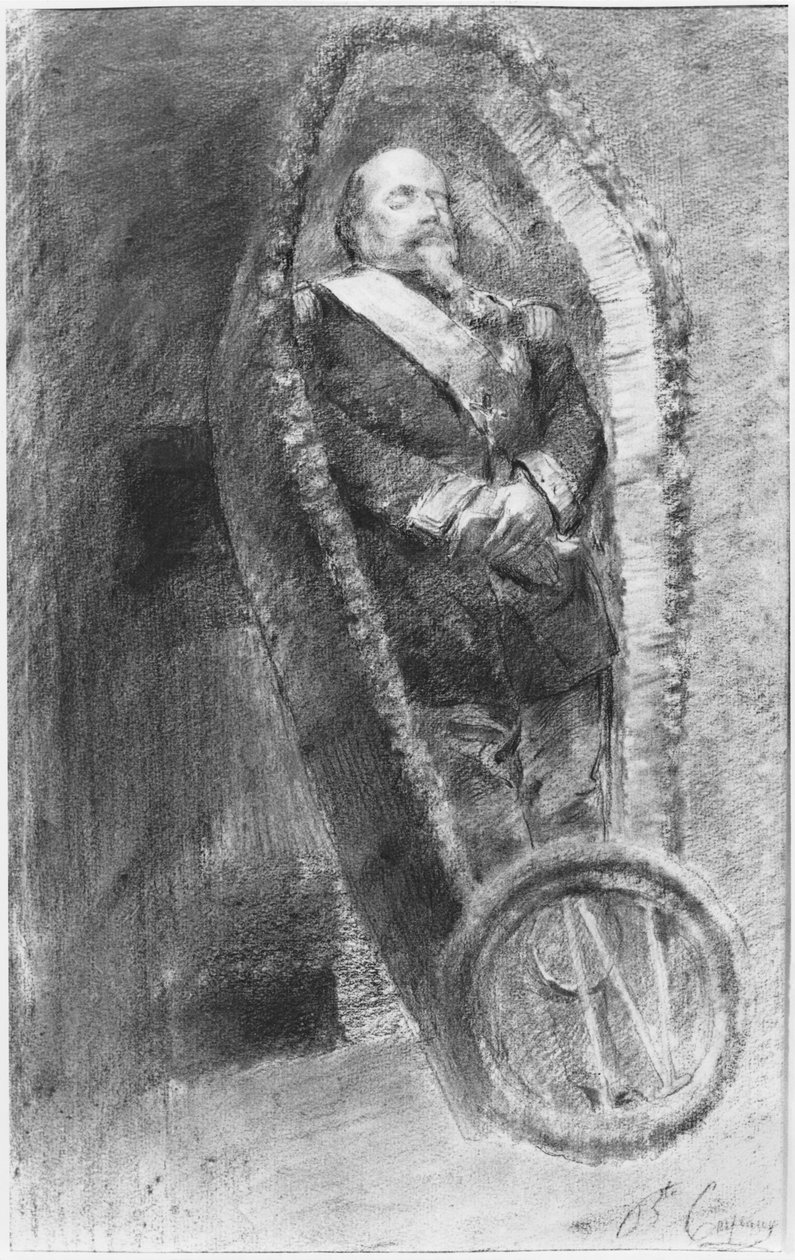 Cesarz Napoleon III w swojej trumnie podczas nabożeństwa pogrzebowego odprawianego w kościele w Chislehurst w Anglii 13 stycznia 1873 r. (węgiel i biała kreda) autorstwa Jean Baptiste Carpeaux