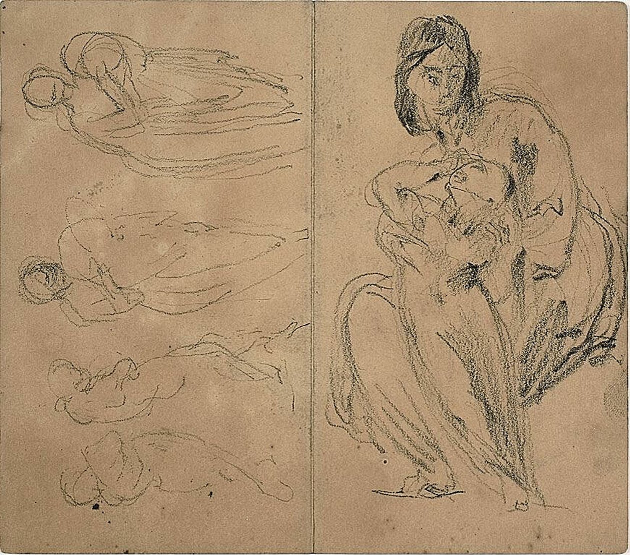 Szkice: Cztery postacie i siedząca matka z dzieckiem (recto); siedząca matka z dzieckiem (verso) autorstwa Jean Baptiste Carpeaux