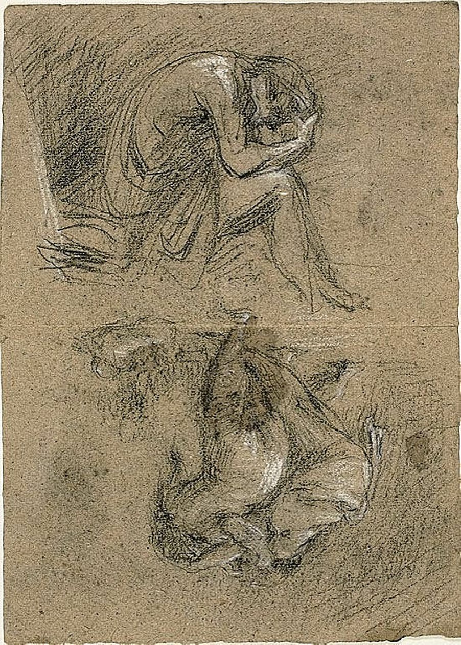 Szkice: Siedzący mężczyzna z głową w dłoniach i dwiema postaciami pochylonymi ku innym w tle (recto); Leżąca kobieta (verso) autorstwa Jean Baptiste Carpeaux
