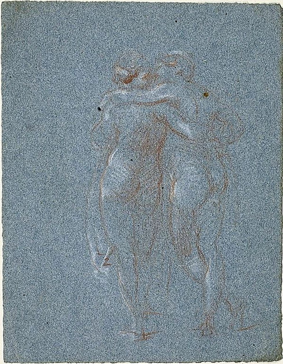 Dwie stojące postacie, obejmujące (rekto); Człowiek z kosą i szkice budynków (verso) autorstwa Jean Baptiste Carpeaux