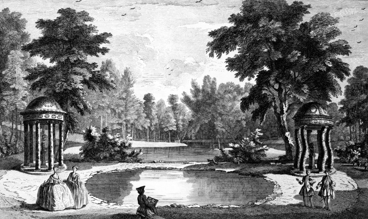 Widok na Grotę i dwie świątynie z muszlami, Stowe House Gardens, wyryty przez George