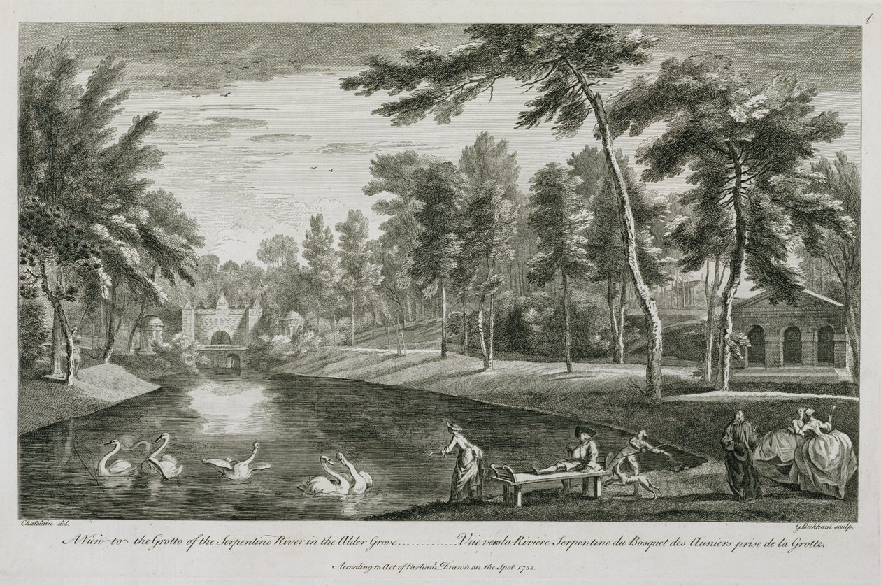 Widok na grotę rzeki Serpentine w olchowym gaju w Stowe, 1753, grawerowany przez George