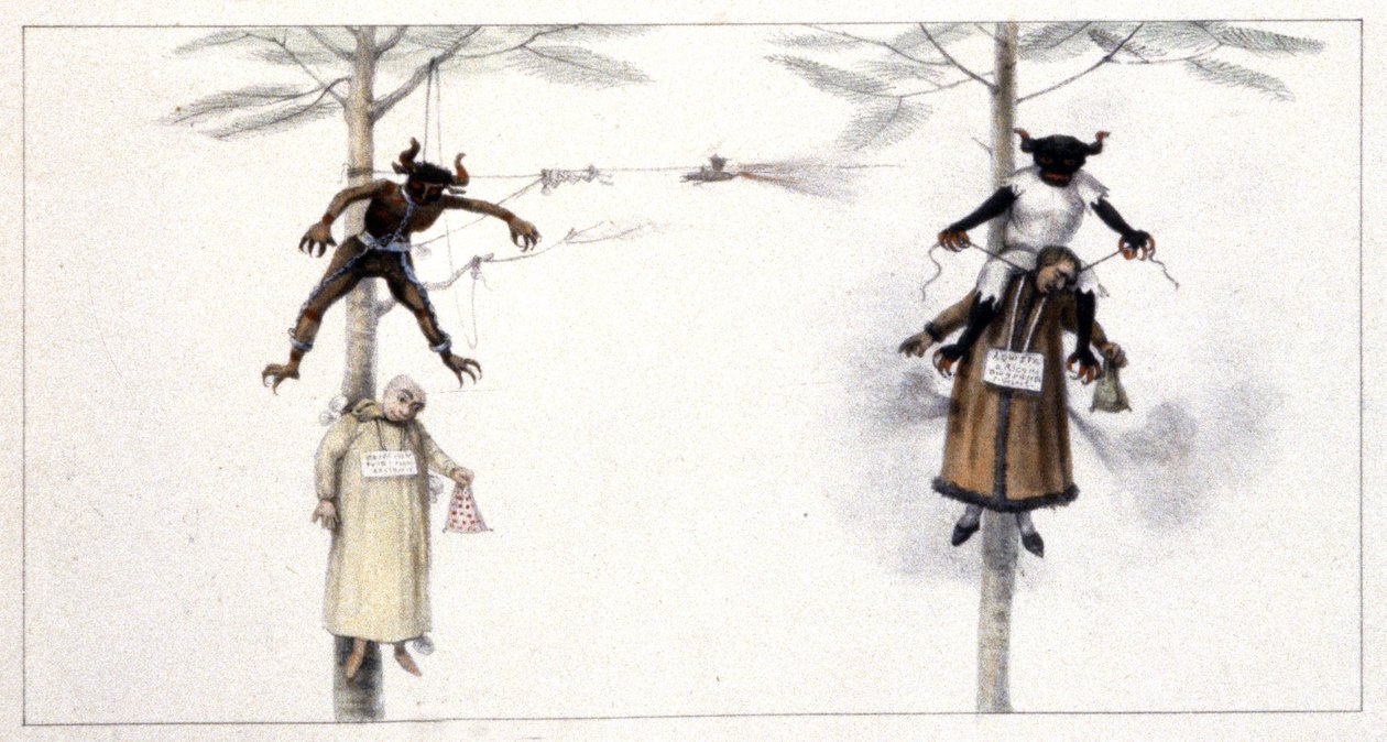 Brazylia: lalka pod wizerunkiem Judasza i Diabła spalona w Wielką Sobotę 1839 r. (grawerunek) autorstwa Jean Baptiste Debret