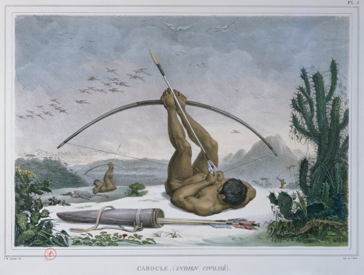 Cabocle Indian polujące na ptaki z łukiem i strzałą, z Voyage Pittoresque et Historique au Bresil, opublikowane w 1839 autorstwa Jean Baptiste Debret