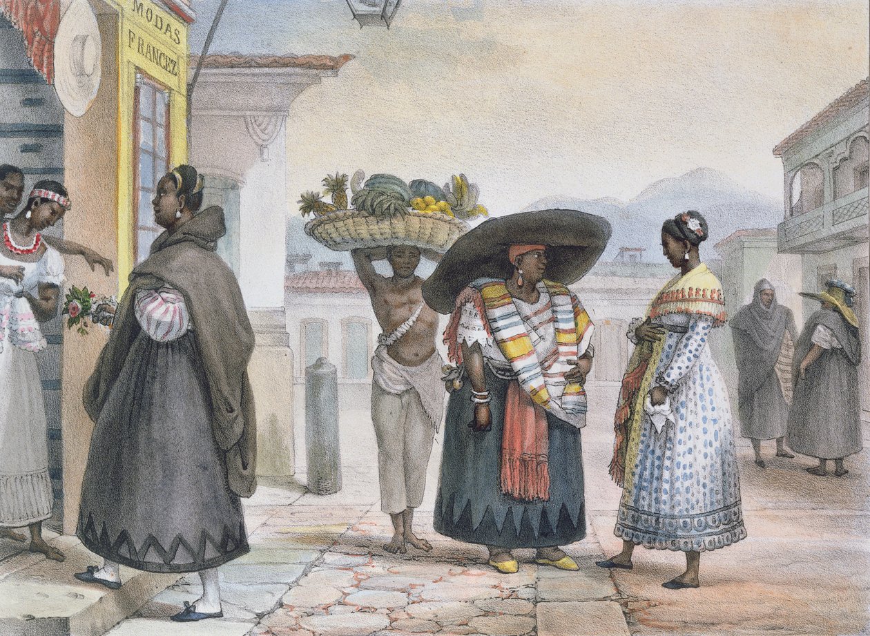 Wolne Murzynki zarabiające na życie ze swojej pracy, z „Podróży Pittoresque et Historique au Bresil”, 1839 (kolorowe grawerowanie) autorstwa Jean Baptiste Debret