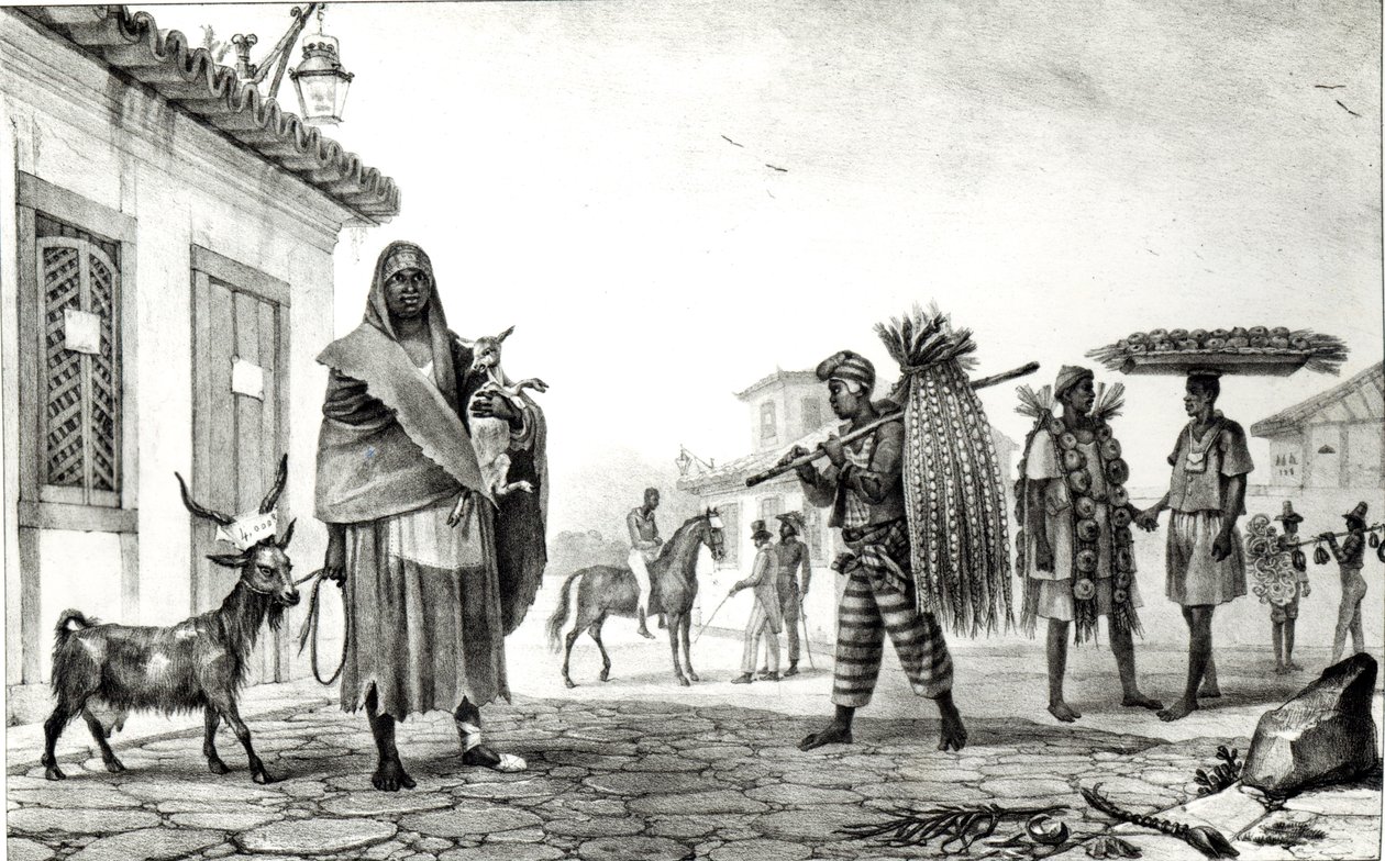 Dom do wynajęcia, konie i kozy na sprzedaż, z „Voyage Pittoresque et Historique au Bresil”, autorstwa Jean Baptiste Debret