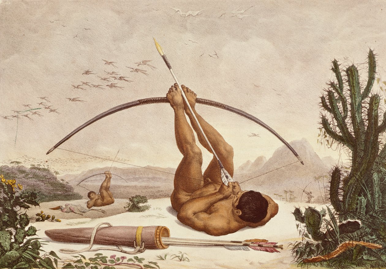 Miejscowi łucznicy, ilustracja z podróży po wnętrzu Brazylii autorstwa Jean Baptiste Debret