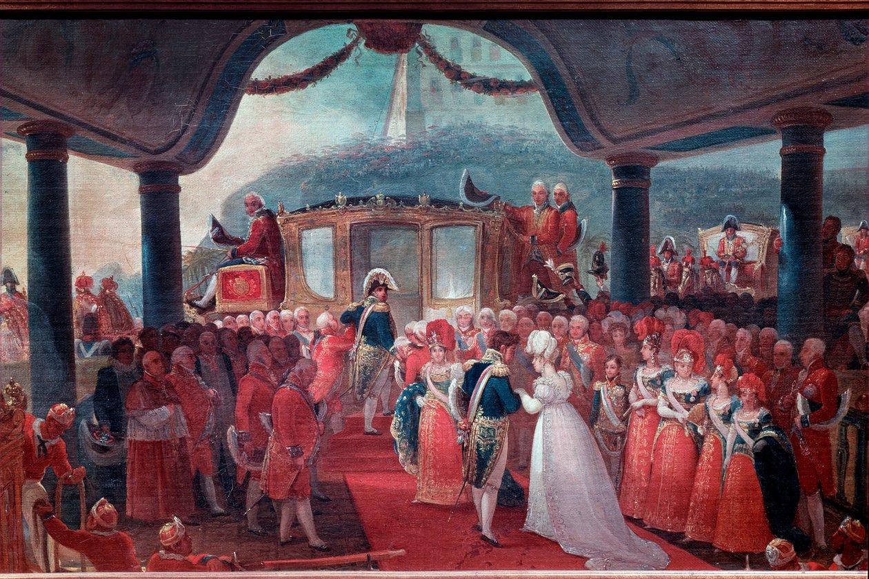 Przybycie Marii Leopoldine z Habsburga-Lotaryngii (Habsburg Lorraine) lub Austrii (1797-1826) do Rio de Janeiro w 1817 roku, aby poślubić cesarza Brazylii Piotra I. Dwóm narzeczonym towarzyszy król Portugalii Joao VI (znany jako Jan VI). jako Cle autorstwa Jean Baptiste Debret