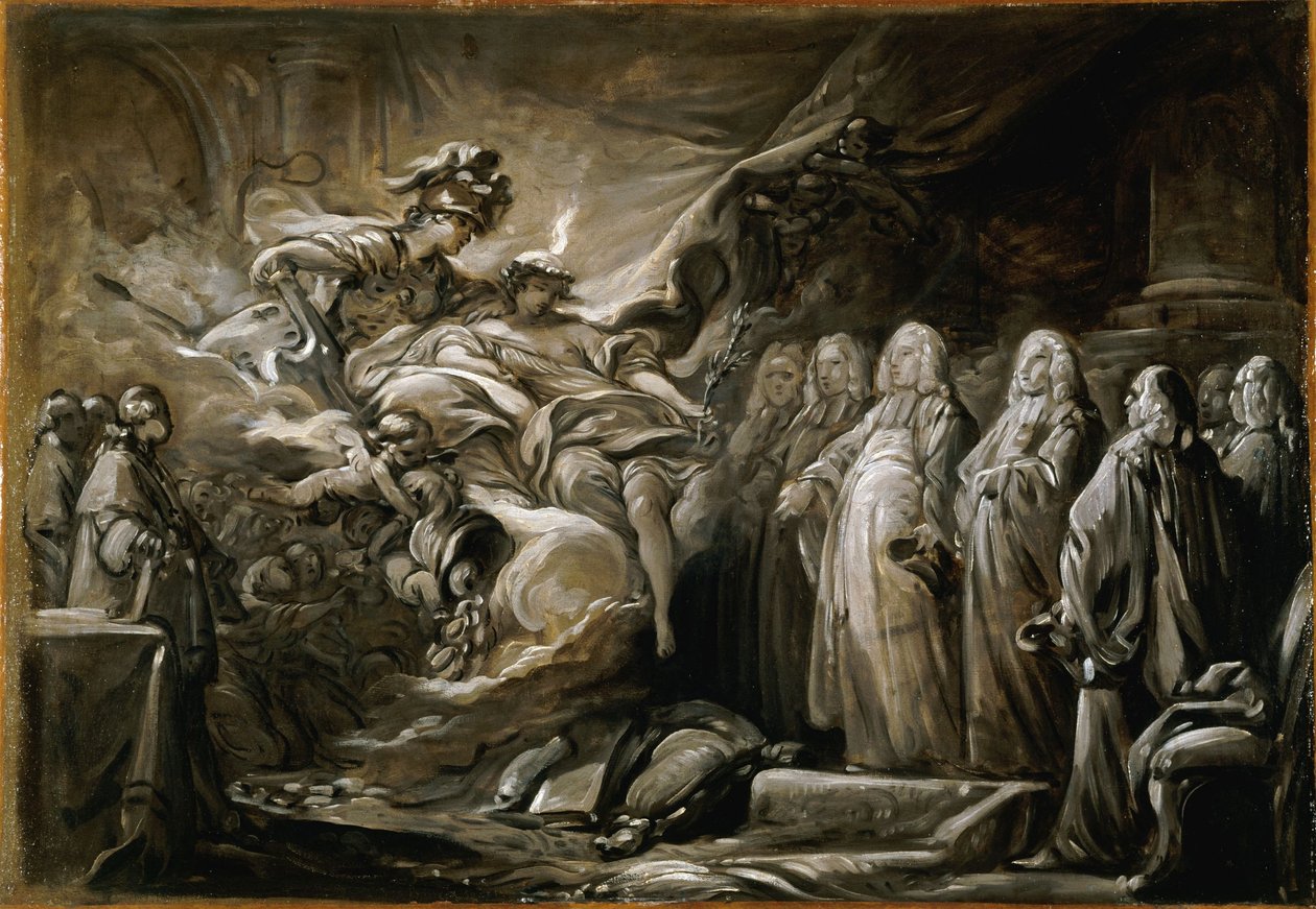 Prowincjał kupców i radnych miasta Paryża; alegoria do traktatu paryskiego (10 lutego) autorstwa Jean Baptiste Deshays