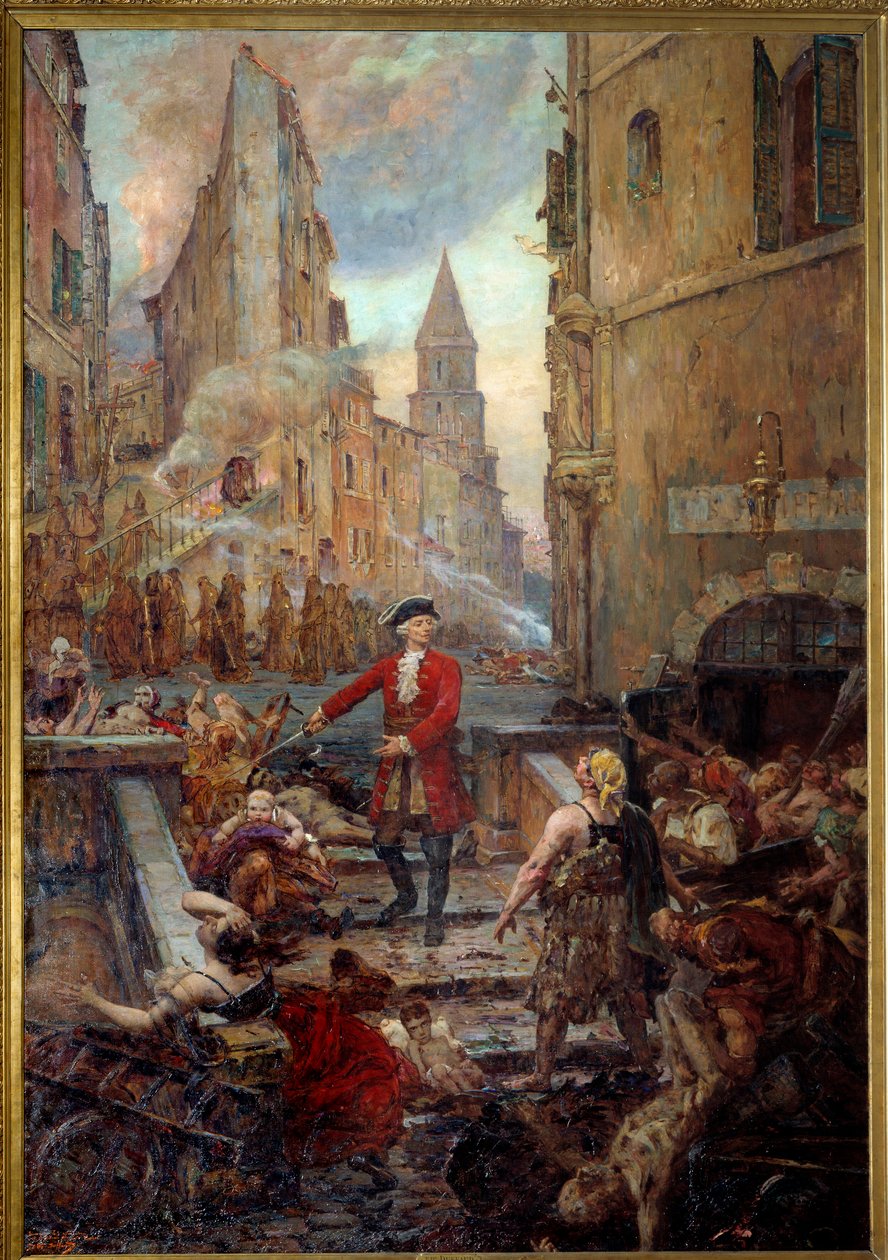 Kawaler Roze na Montee des Aroules w Marsylii Nicola Roze (1675-1733) uwalnia dzielnicę Armoules w Marsylii z ciał pestiferes podczas wielkiej zarazy w 1720 roku. Obraz Jean-Baptiste Duffaud (1852-1927) autorstwa Jean Baptiste Duffaud