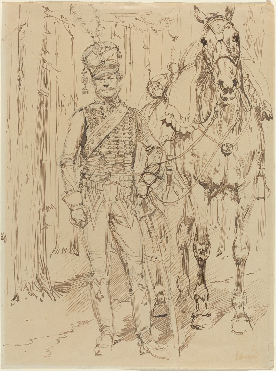 Francuski huzar prowadzący konia autorstwa Jean Baptiste Edouard Detaille