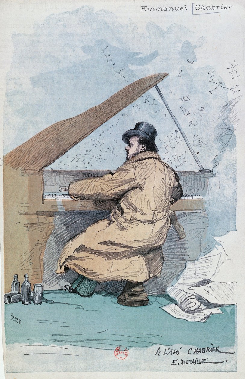 Francja, Paryż, kolorowa rycina francuskiego kompozytora Emmanuela Chabrier autorstwa Jean Baptiste Edouard Detaille