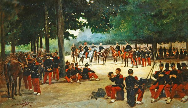 Pułk piechoty odpoczywający na Lasku Bulońskim podczas przeglądu, ok. 1885 r autorstwa Jean Baptiste Edouard Detaille
