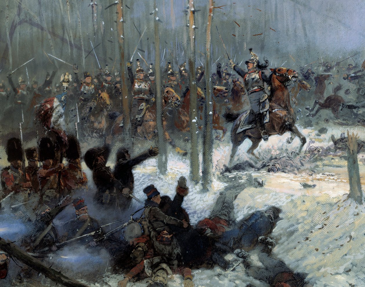 Kampania rosyjska w 1812 r.: „”Szarża 7. pancernika pułkownika Dubois w la Berezina (Beresina) w dniu 28.11.1812 w Rosji”” Szczegół. Obraz Jean-Baptiste-Edouarda (Jean Baptiste Edouard) Detaille (1848-1912) XIX wiek. Paryż, Musée de l