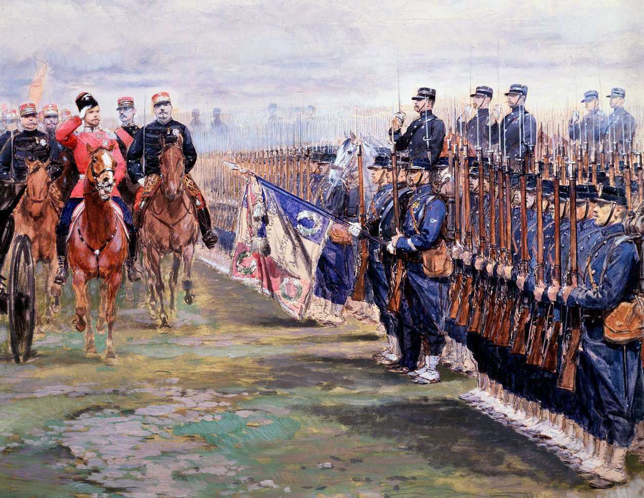 Car Mikołaj wraz z Feliksem Faure dokonuje przeglądu oddziałów w Chalon-sur-Marne podczas wizyty we Francji, 9 października autorstwa Jean Baptiste Edouard Detaille