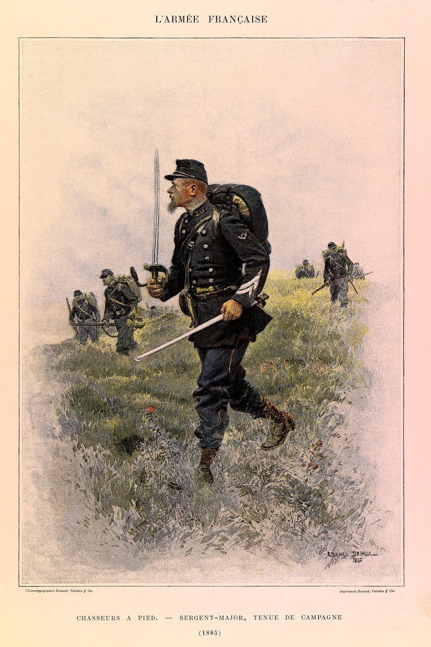 Typy i mundury francuskiej armii kapitana Julesa Richarda, zilustrowane przez Edouarda Detaille (1848-1912): Łowcy stóp: sierżant major w stroju polowym w 1885 r., kolekcja prywatna autorstwa Jean Baptiste Edouard Detaille