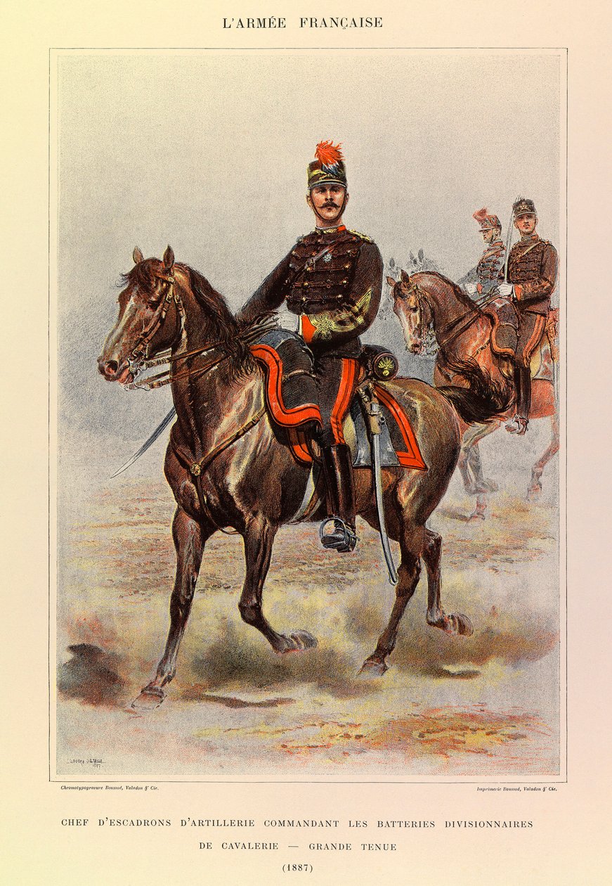 Typy i umundurowanie francuskiej armii kapitana Julesa Richarda, zilustrowane przez Edouarda Detaille (1848-1912): szef szwadronu artylerii dowodzący baterią kawalerii dywizyjnej w dużym stroju w 1887 r., kolekcja prywatna autorstwa Jean Baptiste Edouard Detaille