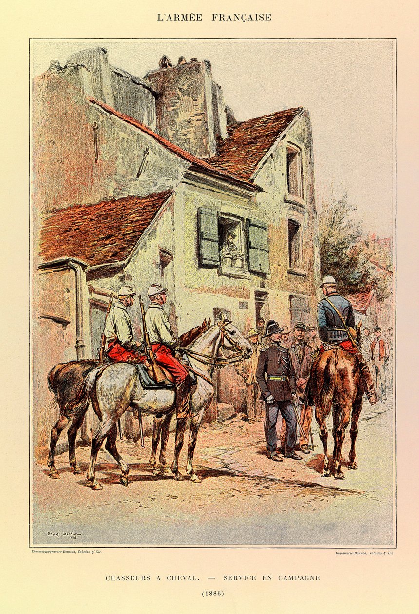 Typy i mundury francuskiego Armee kapitana Julesa Richarda, zilustrowane przez Edouarda Detaille (1848-1912): Hunters a Horseback; Służba polowa w 1886 r., kolekcja prywatna autorstwa Jean Baptiste Edouard Detaille
