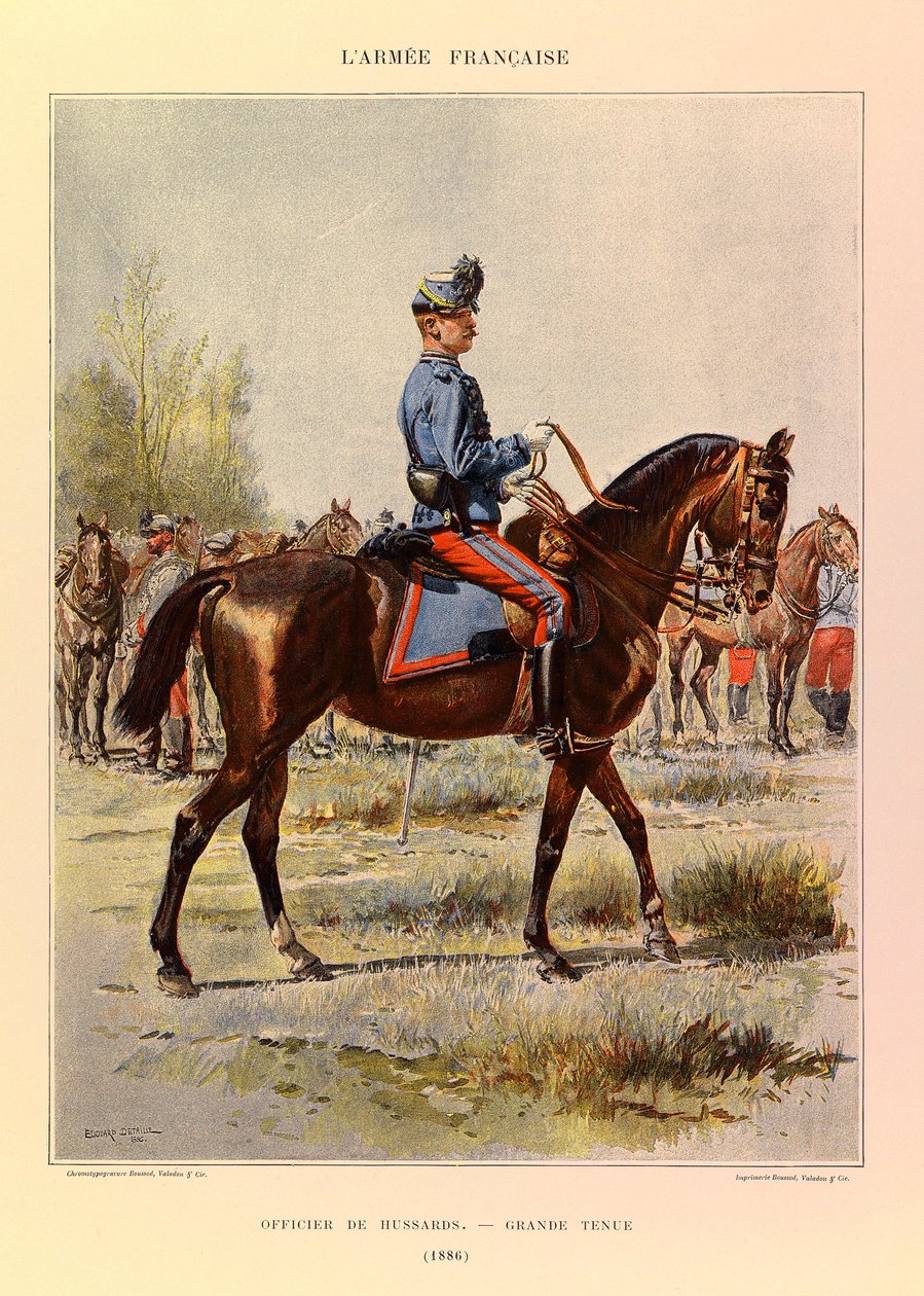 Typy i mundury francuskiego Armee kapitana Julesa Richarda, zilustrowane przez Edouarda Detaille (1848-1912): Oficer Hussards in Great Dress in 1886, kolekcja prywatna autorstwa Jean Baptiste Edouard Detaille