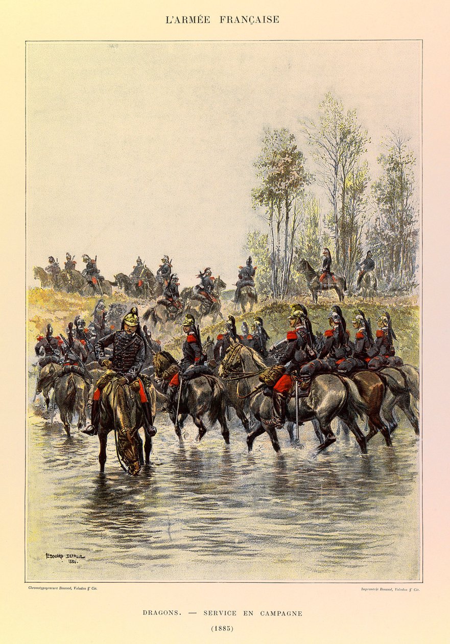 Typy i mundury francuskiego Armee kapitana Julesa Richarda, zilustrowane przez Edouarda Detaille (1848-1912): Smoki; Służba polowa w 1885 r., kolekcja prywatna autorstwa Jean Baptiste Edouard Detaille
