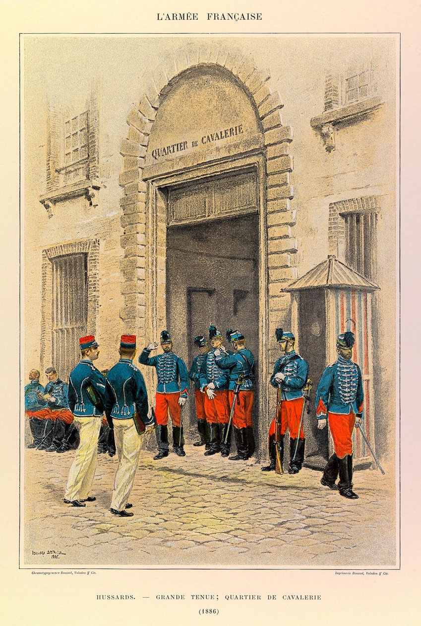 Typy i mundury francuskiej armii kapitana Julesa Richarda, zilustrowane przez Edouarda Detaille (1848-1912): Hussards in Great Dress; Okręg kawalerii w 1886 r., kolekcja prywatna autorstwa Jean Baptiste Edouard Detaille
