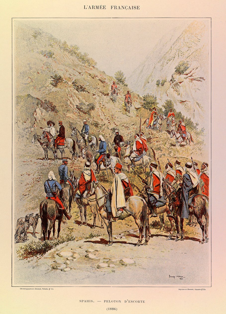 Typy i mundury francuskiego Armee kapitana Julesa Richarda, zilustrowane przez Edouarda Detaille (1848-1912): Spahis; Pluton eskortowy w 1886 r., kolekcja prywatna autorstwa Jean Baptiste Edouard Detaille