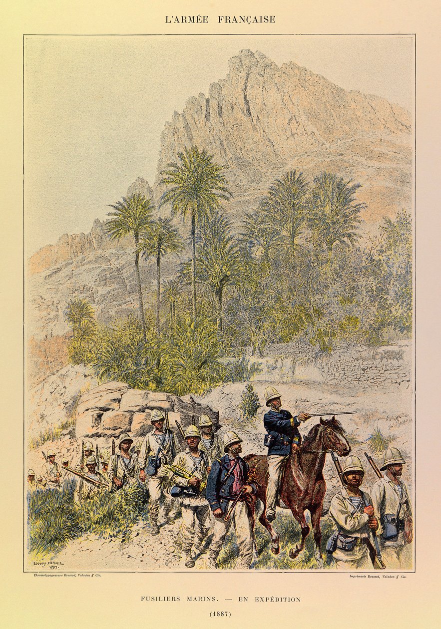 Typy i mundury francuskiego Armee kapitana Julesa Richarda, zilustrowane przez Edouarda Detaille (1848-1912): Fusiliers Marins on Expedition w 1887, kolekcja prywatna autorstwa Jean Baptiste Edouard Detaille