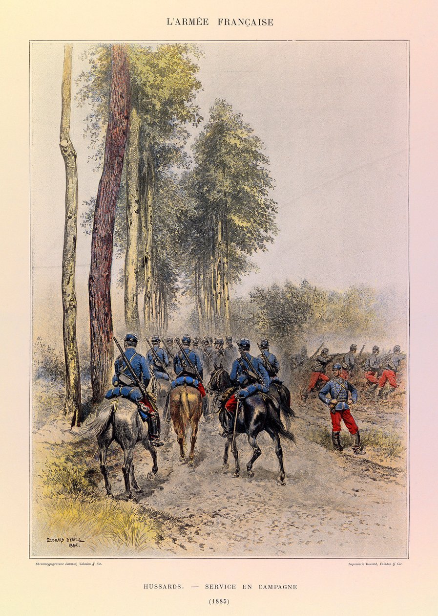 Typy i mundury francuskiej armii kapitana Julesa Richarda, zilustrowane przez Edouarda Detaille (1848-1912): Hussards; Służba polowa 1885, kolekcja prywatna autorstwa Jean Baptiste Edouard Detaille