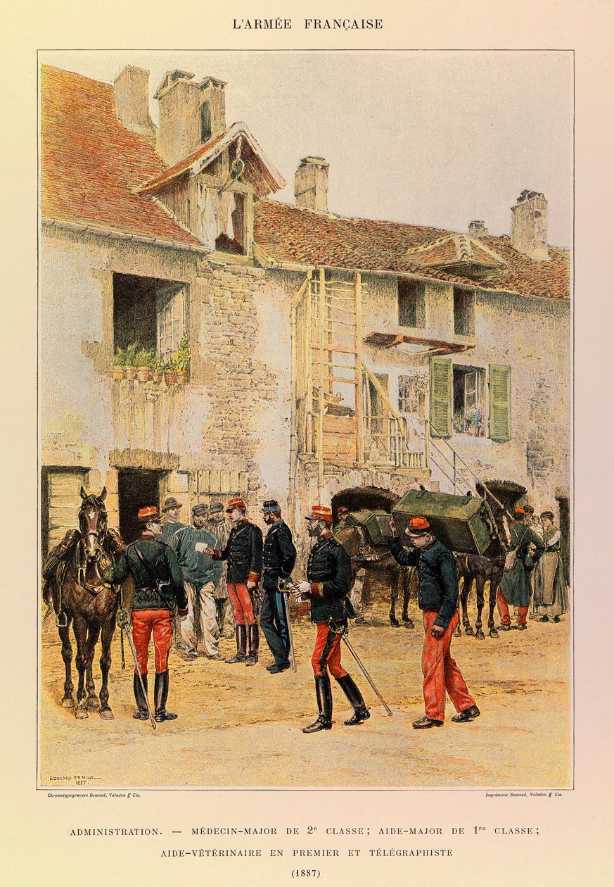 Typy i umundurowanie francuskiego Armee kapitana Julesa Richarda, zilustrowane przez Edouarda Detaille (1848-1912): Administracja: major medyk 2 klasy; Starszy adiutant pierwszej klasy; Lekarz Weterynarii Pierwszy i Telegraf w 1887 r., kolekcja prywatna autorstwa Jean Baptiste Edouard Detaille
