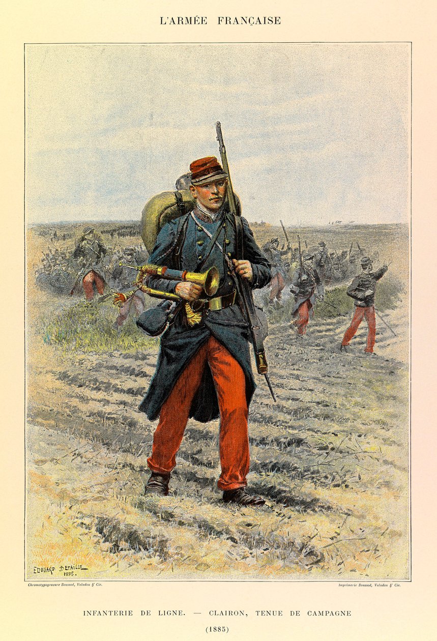 Typy i umundurowanie francuskiego Armee kapitana Julesa Richarda, zilustrowane przez Edouarda Detaille (1848-1912): Piechota liniowa; Clairon w stroju polowym w 1885 r., kolekcja prywatna autorstwa Jean Baptiste Edouard Detaille