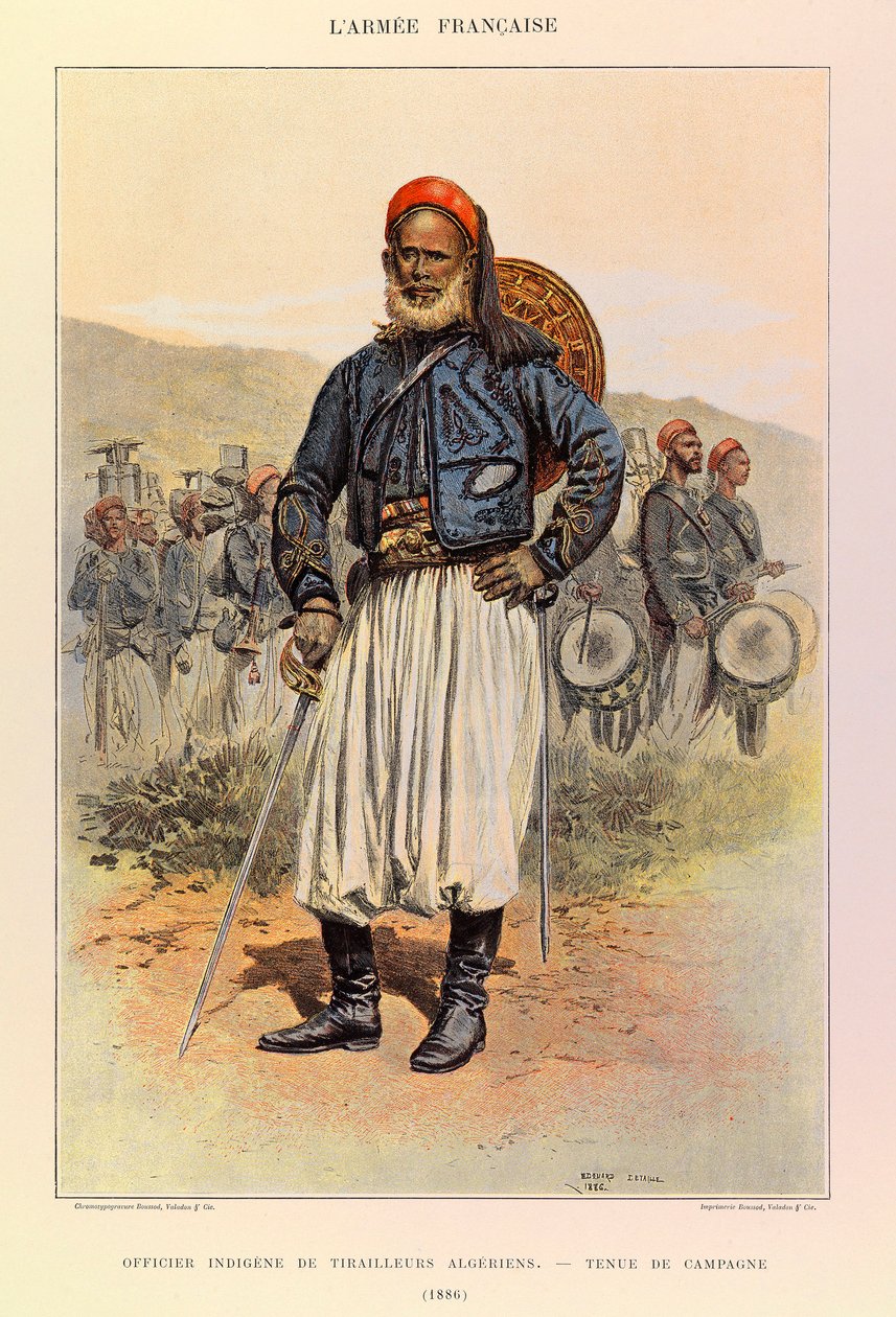 Typy i mundury francuskiego Armee kapitana Julesa Richarda, zilustrowane przez Edouarda Detaille (1848-1912): Native Officer of Algierian Tuniors in Field Dress in 1886, Private Collection autorstwa Jean Baptiste Edouard Detaille