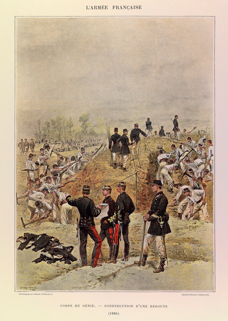Typy i mundury francuskiego Armee kapitana Julesa Richarda, zilustrowane przez Edouarda Detaille (1848-1912): Corps de Genie; Budowa reduty w 1886 r., zbiory prywatne autorstwa Jean Baptiste Edouard Detaille