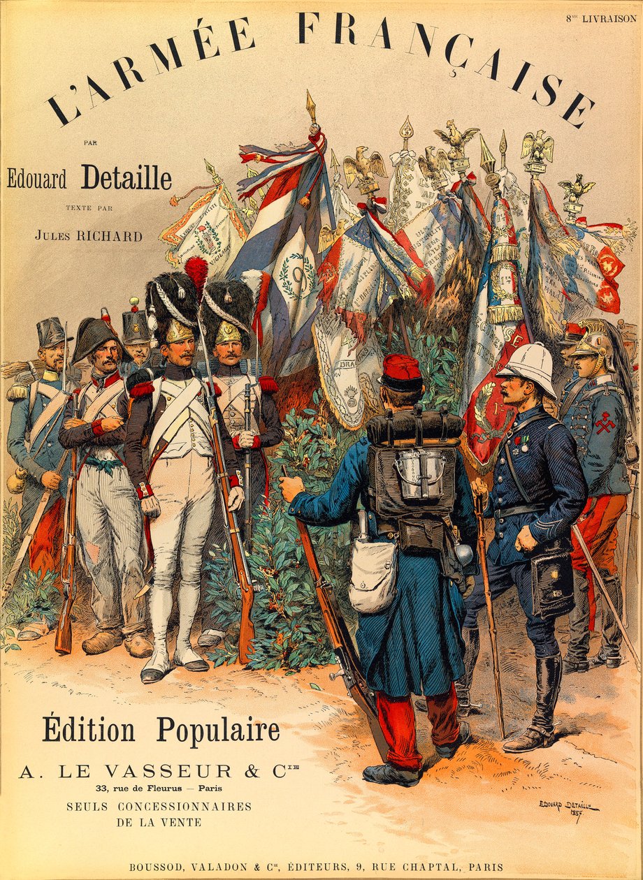 Rodzaje i mundury francuskiej Armee autorstwa kapitana Julesa Richarda, zilustrowane przez Edouarda Detaille (1848-1912): Pierwsza okładka książki „” L