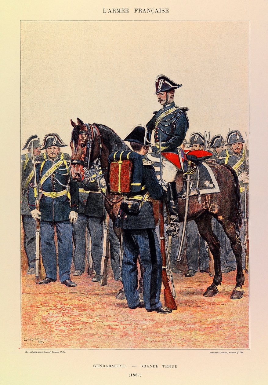 Typy i mundury francuskiego Armee kapitana Julesa Richarda, zilustrowane przez Edouarda Detaille (1848-1912): Gendarmerie en grande attire en 1887, Collection Partiale autorstwa Jean Baptiste Edouard Detaille