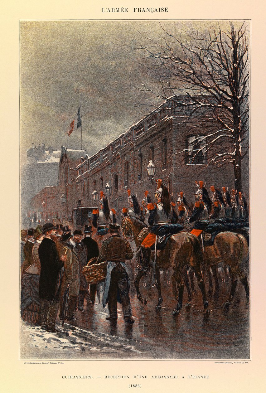 Typy i umundurowanie francuskiego Armee kapitana Julesa Richarda, zilustrowane przez Edouarda Detaille (1848-1912): Kirasjerzy: przyjęcie ambasady w Pałacu Elizejskim w 1886 r., kolekcja prywatna autorstwa Jean-Baptiste Edouard Detaille