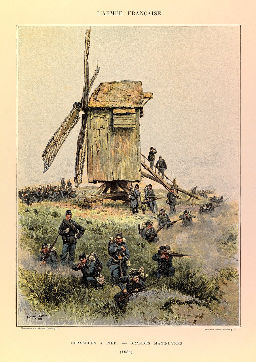 Typy i mundury francuskiego Armee kapitana Julesa Richarda, zilustrowane przez Edouarda Detaille (1848-1912): Łowcy pieszo; wielkie manewry w 1885 r., kolekcja prywatna autorstwa Jean Baptiste Edouard Detaille