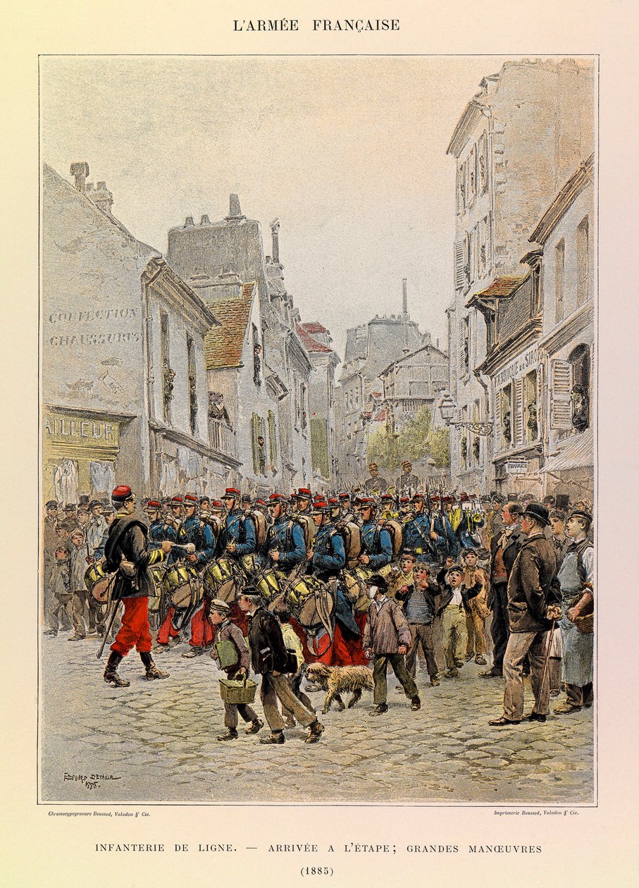Typy i umundurowanie francuskiego Armee kapitana Julesa Richarda, zilustrowane przez Edouarda Detaille (1848-1912): Piechota liniowa: Przybycie na scenę podczas głównych manewrów w 1885 r., Zbiory prywatne autorstwa Jean Baptiste Edouard Detaille