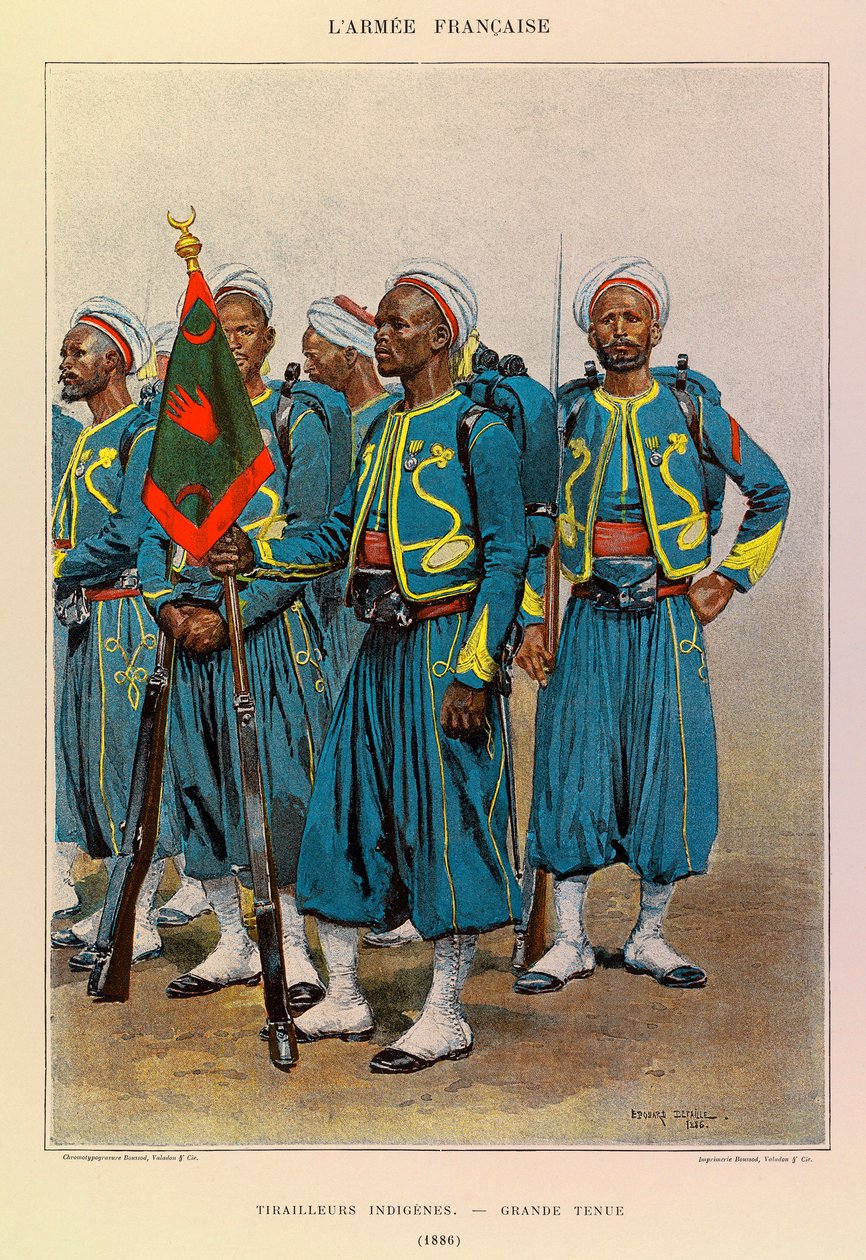 Typy i mundury francuskiego Armee kapitana Julesa Richarda, zilustrowane przez Edouarda Detaille (1848-1912): Native Tirailleurs in Great Outfit in 1886, Private Collection autorstwa Jean Baptiste Edouard Detaille