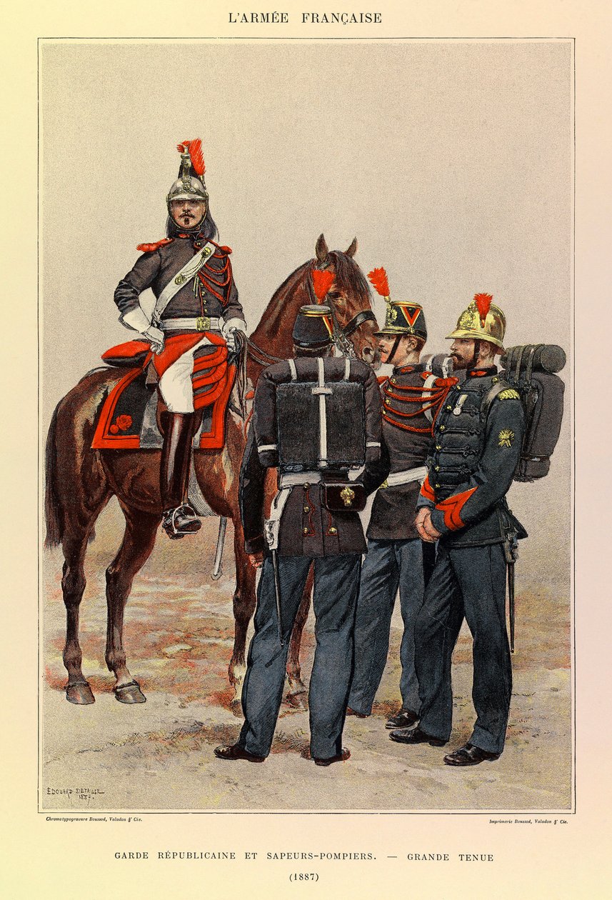 Typy i mundury francuskiego Armee kapitana Julesa Richarda, zilustrowane przez Edouarda Detaille (1848-1912): Gwardia Republikańska i strażacy w wielkim stroju w 1887 r., kolekcja prywatna autorstwa Jean Baptiste Edouard Detaille