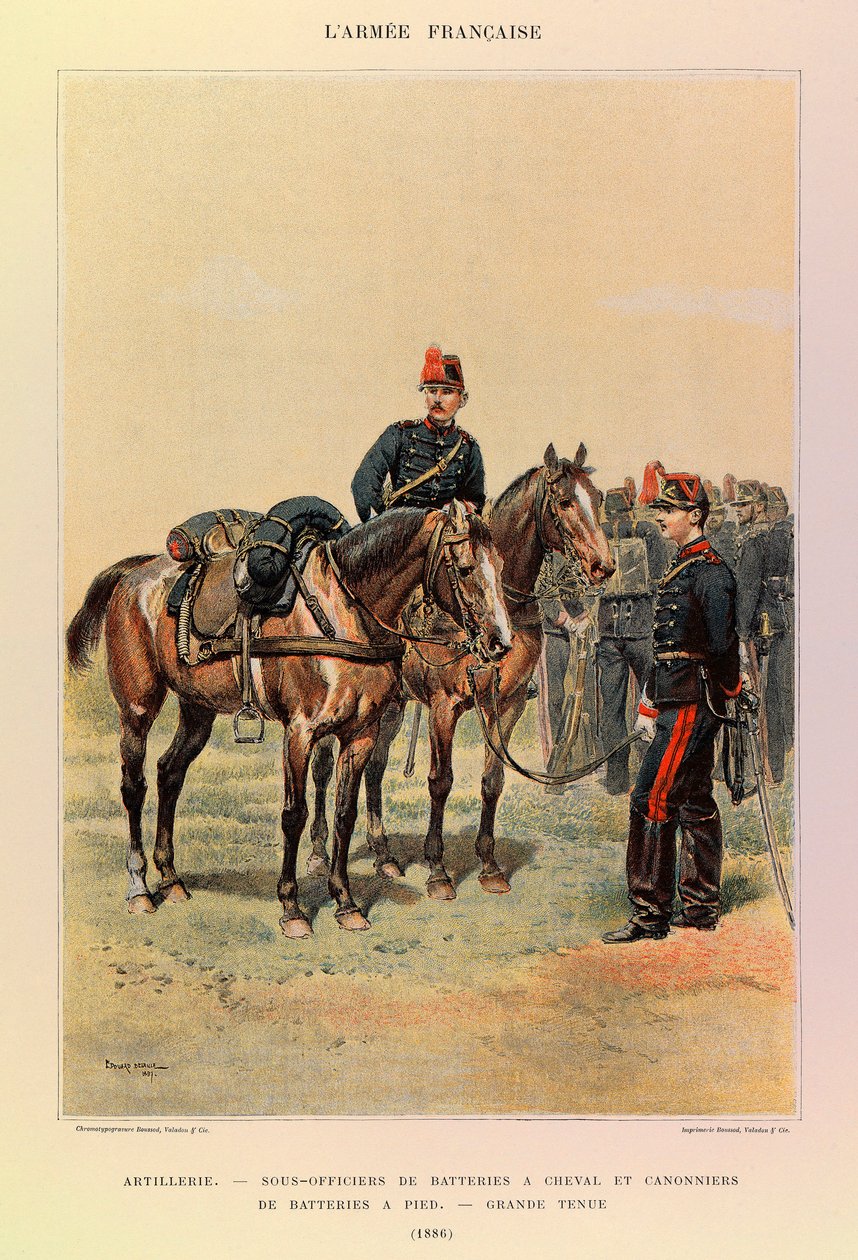 Typy i mundury francuskiego Armee kapitana Julesa Richarda, zilustrowane przez Edouarda Detaille (1848-1912): Artyleria: podoficer baterii na koniach i artylerzyści baterii pieszo w dużym stroju w 1886 r., zbiory prywatne autorstwa Jean Baptiste Edouard Detaille